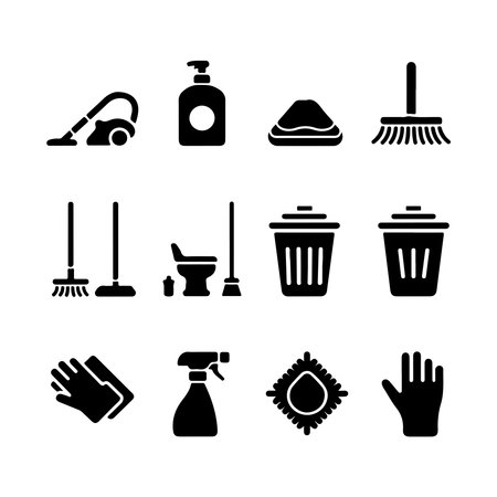 cleaning equipment icon set over white background, silhouette style, vector illustrationのイラスト素材