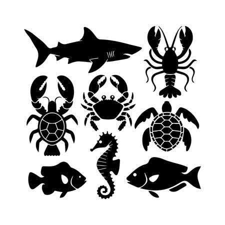 Set of sea animals black silhouettes on white background. Vector illustrationのイラスト素材