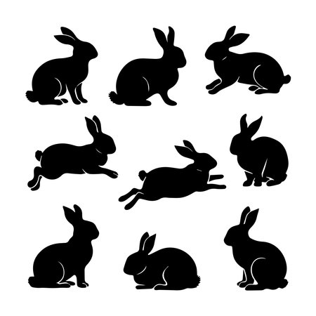 Rabbits silhouettes set. Vector illustration in black and white colorsのイラスト素材