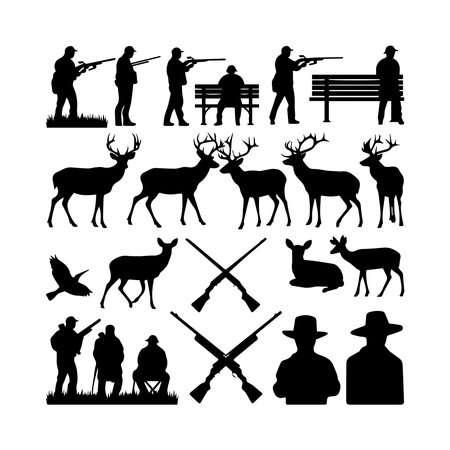 Hunting season icons set. Silhouettes of hunter, deer and hunter. Vector illustrationのイラスト素材