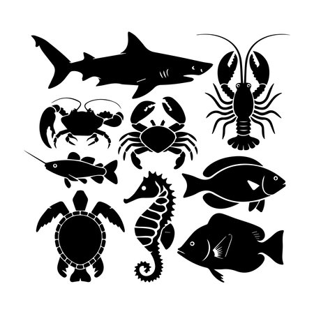 Set of black and white sea animals silhouettes. Vector illustration.のイラスト素材