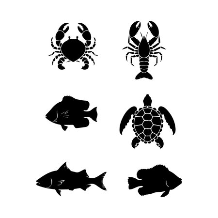 Set of sea animals black icons on white background. Vector illustration.のイラスト素材