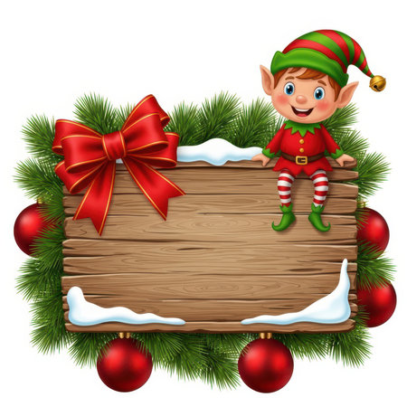 A cheerful, cartoon Christmas elf with pointed ears and a green and red striped hat sits on a rustic wooden sign. The sign is framed by lush green pine branches adorned with red Christmas ornaments and patches of snow. A large, vibrant red bow with a golden trim is attached to the top left corner of the sign. The elf wears a red suit with green trim and striped stockings.の素材