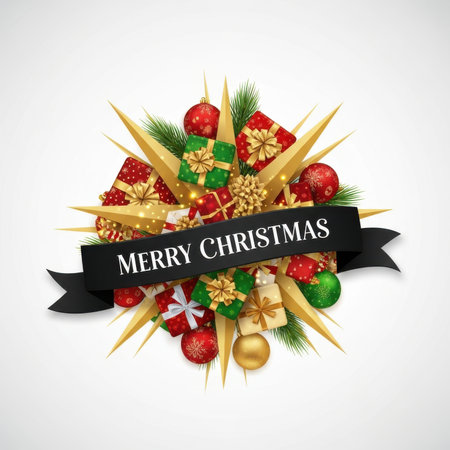 A vibrant and festive graphic design celebrating Merry Christmas. A black ribbon banner with "MERRY CHRISTMAS" in white text is overlaid on a dynamic arrangement of wrapped gifts in red, green, and gold. Red and green Christmas ornaments, pine sprigs, and golden starburst elements create a dazzling and celebratory composition against a light grey background.の素材