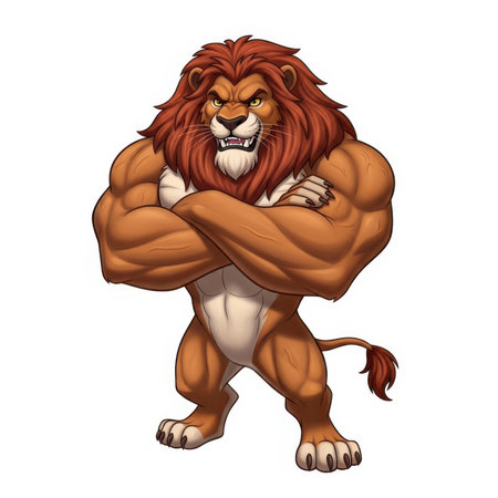 A powerful and muscular cartoon lion stands with its arms crossed, showcasing its impressive physique. The lion has a thick, reddish-brown mane and a confident, fierce expression. It is depicted in a stylized, anthropomorphic manner, isolated on a white background.の素材