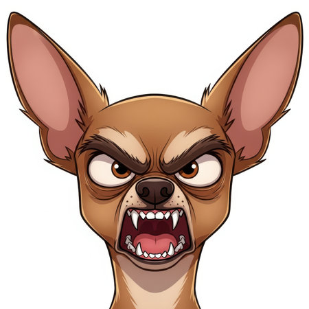 A close-up cartoon illustration of an angry chihuahua dog with its mouth open, baring sharp teeth and snarling. Its eyebrows are furrowed, and its eyes are narrowed, conveying a fierce and menacing expression. The dog is isolated on a white background.の素材