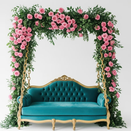 An opulent teal velvet sofa with gold ornate detailing sits beneath a lush archway formed by greenery and pink roses. The sofa has a tufted back and scrolled arms, resting on carved gold legs. The floral arch creates a romantic and elegant backdrop, with the entire scene set against a clean white background.の素材