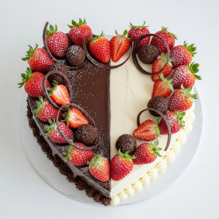 Heart-shaped showing heart-shaped chocolate and vanilla cake with strawberries. High resolution image suitable for commercial use. Clear details and vibrant colors enhance visual appeal.の素材