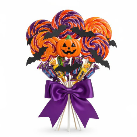 A festive Halloween candy bouquet arranged on sticks. The bouquet features large, colorful swirl lollipops in orange, purple, and yellow. A smiling jack o lantern pumpkin sits at the center, surrounded by black bat cutouts. Wrapped candies are tucked into the arrangement, which is tied with a vibrant purple satin bow. The entire arrangement is presented against a white background.の素材