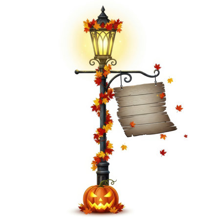 An ornate, vintage-style lamp post is decorated with colorful autumn leaves in shades of red, orange, and yellow. A glowing lantern sits atop the post, casting a warm light. A wooden sign hangs from the lamp post, ready for a message. At the base of the lamp post is a carved jack-o'-lantern with a spooky face, surrounded by more fallen leaves. The image is set against a white background.の素材