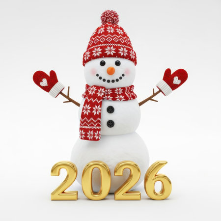 A cheerful snowman wearing a red knitted hat with a pom-pom, a red scarf with a snowflake pattern, and red mittens with white cuffs. The snowman has a carrot nose, coal eyes, and coal buttons. Its twig arms are outstretched. In front of the snowman, the numbers 2026 are displayed in a shiny gold metallic font. The entire image is set against a clean white background.の素材