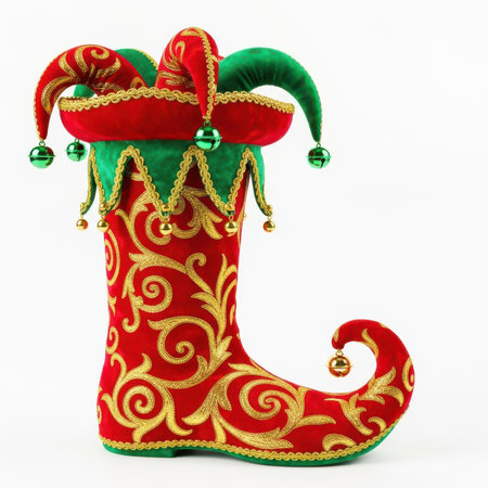 A highly decorative jester-style boot is presented against a clean white background. The boot is crafted from rich red velvet, adorned with intricate gold swirling patterns and a contrasting green velvet trim along the top. It features multiple jester hat-like extensions at the top, each tipped with a green pom-pom and a small golden bell. Additional gold bells hang from the boot's cuff and a single bell dangles from the curled toe.の素材