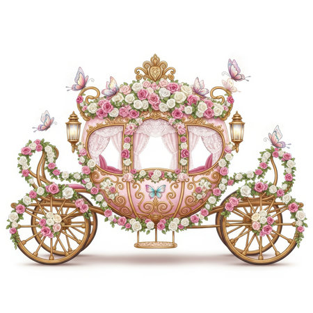 Wedding carriage decorated with flowers and butterflies. Vector illustration.の素材