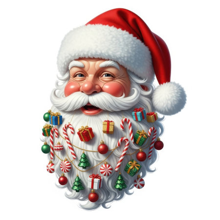 A close-up illustration of Santa Claus's face, featuring his iconic red hat and a long white beard. The beard is intricately decorated with various Christmas ornaments, including small wrapped gifts, candy canes, red and green baubles, and miniature Christmas trees. Santa has rosy cheeks, a wide smile, and twinkling eyes, conveying a sense of joy and festivity. The image is set against a white background.の素材