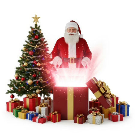 Santa Claus appears to be magically emerging from a large, glowing red and gold gift box. To the left of the box is a fully decorated Christmas tree with lights and ornaments. Several other gift boxes are scattered around the scene. The entire composition is set against a white background.の素材