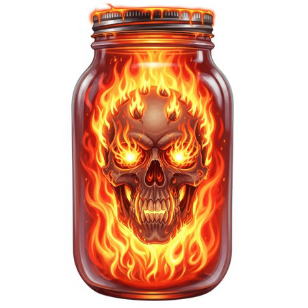 Burning skull in a glass jar. 3D rendering isolated on white backgroundの素材