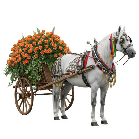 White Horse Carriage with Flowers Isolated on White Background 3D Illustrationの素材