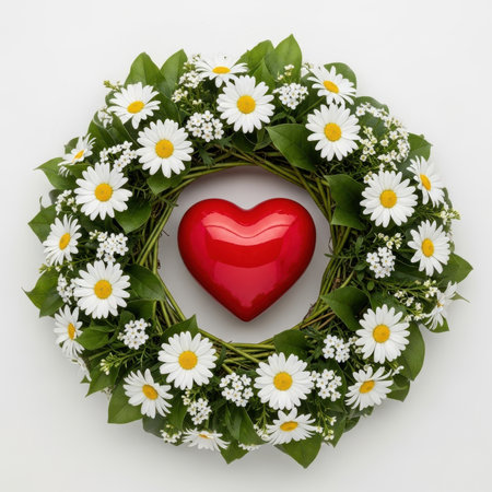Wreath of daisies and red heart on white background.の素材