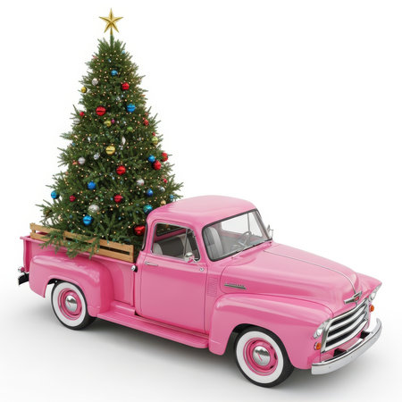 Stock showing pink vintage truck carrying christmas tree. High resolution image suitable for commercial use. Clear details and vibrant colors enhance visual appeal.の素材