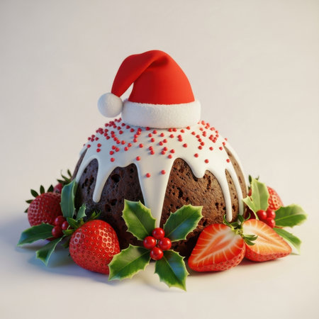 A rich, dark Christmas pudding is generously topped with white icing and red sprinkles, crowned with a miniature Santa hat. Fresh strawberries and holly leaves with red berries surround the base of the pudding. The dessert is presented on a light, neutral surface with soft lighting.の素材