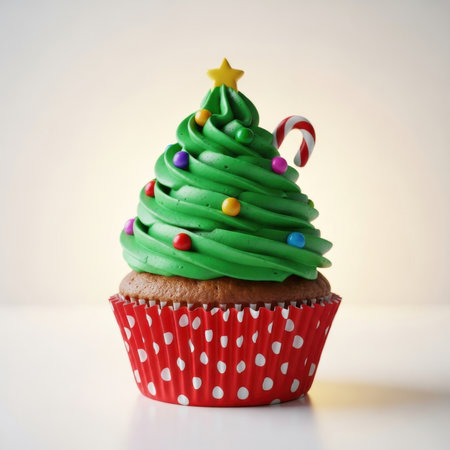 A festive Christmas tree-shaped cupcake sits in a red and white polka-dotted wrapper. The cupcake is topped with vibrant green frosting swirled to resemble a Christmas tree, adorned with colorful sprinkles and a yellow star on top. A small candy cane is placed on the side of the frosting. The image is presented against a soft, neutral background.の素材