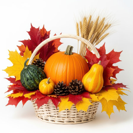 Autumn still life with pumpkins and autumn leaves on white backgroundの素材