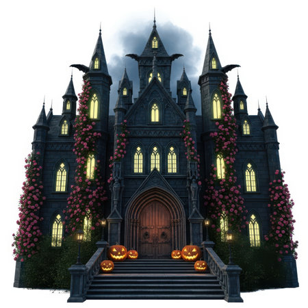 Halloween background with haunted house and pumpkins - isolated on whiteの素材