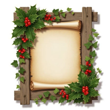 A rustic wooden frame is adorned with vibrant green holly leaves and bright red berries, interspersed with trailing ivy. In the center, a rolled parchment scroll with curled edges is displayed, offering a blank space for text or a message. The overall design evokes a festive and traditional Christmas theme, suitable for holiday greetings or announcements. The composition is isolated on a white background.の素材