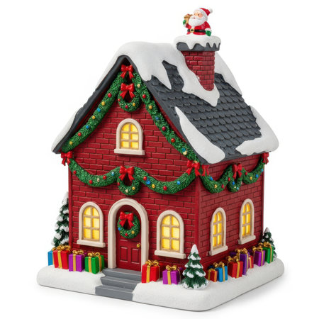 Santa showing decorated christmas house with santa on chimney. High resolution image suitable for commercial use. Clear details and vibrant colors enhance visual appeal.の素材