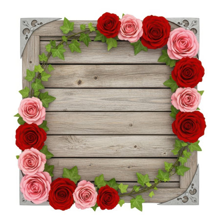 Wooden frame with red roses and green ivy isolated on white backgroundの素材