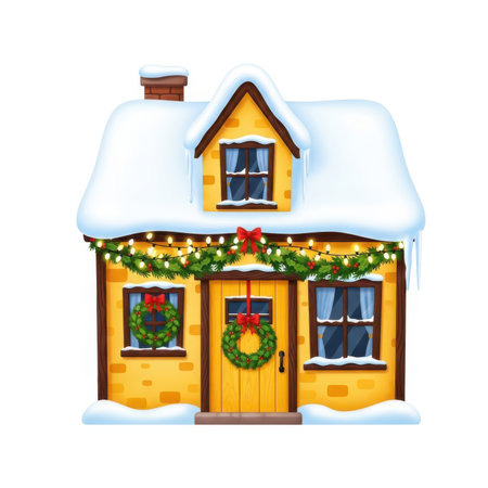 Christmas house with snow. Vector illustration isolated on a white background.の素材