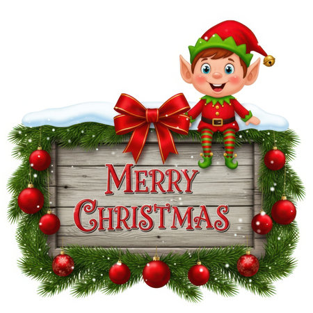 A festive Christmas scene features a wooden sign with "Merry Christmas" written in decorative red lettering. The sign is adorned with a green garland of pine branches, red ornaments, and a large red bow. A cheerful cartoon elf with a red hat and green outfit sits on top of the sign, waving. The image is on a white background.の素材