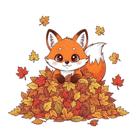 Cute fox with autumn leaves on white background. Vector illustration.の素材