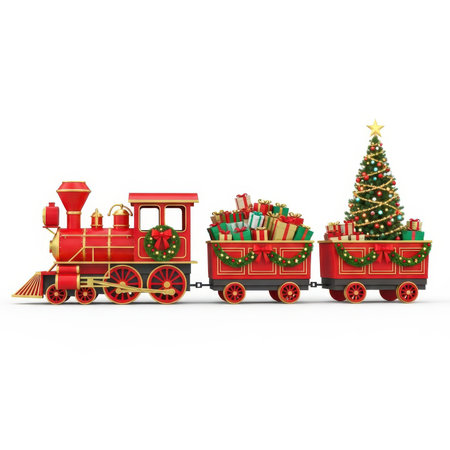 Christmas train with presents and christmas tree on white background. 3D illustrationの素材