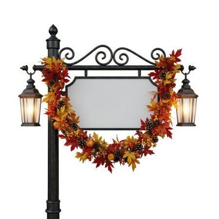 An ornate black metal street lamp post is decorated with a vibrant autumn wreath. The garland features colorful maple leaves in shades of red, orange, and yellow, interspersed with pine cones and small red berries and pumpkins. Two vintage-style lanterns hang from the sides, emitting a warm glow. A blank white sign is mounted in the center of the wreath.の素材