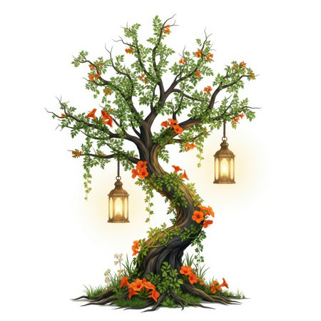 Illustration of a tree with flowers and lanterns on a white backgroundの素材