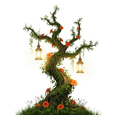A whimsical, twisted tree with lush green vines and ivy climbing its trunk and branches. Two ornate lanterns hang from the branches, emitting a warm glow. Bright orange flowers bloom on the tree and at its base, nestled amongst green grass. Small red birds perch on the branches. The image is set against a clean white background, making the enchanted tree stand out.の素材