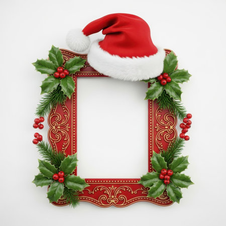 Christmas frame with holly and red santa hat on white backgroundの素材