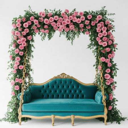 Stock showing elegant teal sofa under floral archway. High resolution image suitable for commercial use. Clear details and vibrant colors enhance visual appeal.の素材