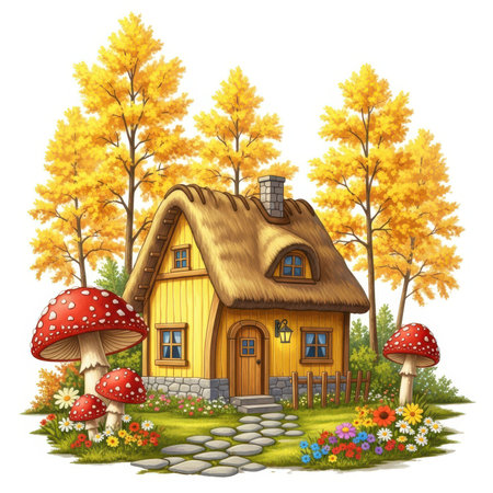 A whimsical fairytale cottage with a thatched roof and stone foundation, nestled amongst vibrant autumn trees with yellow foliage. Large, red and white spotted mushrooms stand tall in the foreground and to the sides of the house. A stone pathway leads to the wooden door, and colorful flowers bloom in the garden. The scene is set against a white background.の素材
