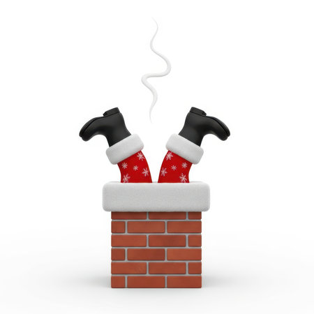 A humorous illustration shows the lower half of Santa Claus's legs, clad in red socks with white snowflake patterns and black boots, sticking out of a red brick chimney. A wispy trail of white smoke rises from the top of the chimney, suggesting Santa is stuck. The scene is set against a white background.の素材