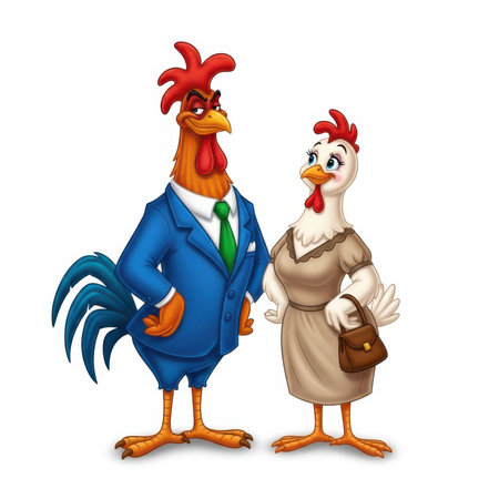 A cartoon rooster dressed in a blue suit, white shirt, and green tie stands confidently with one hand on his hip. Beside him, a cartoon hen wears a beige dress and carries a brown handbag. Both have expressive faces and are depicted against a plain white background.の素材
