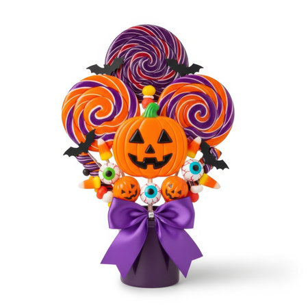A whimsical Halloween candy arrangement featuring large purple and orange swirl lollipops and a central jack o lantern pumpkin. Black bat cutouts are interspersed among the lollipops. Spooky elements like candy eyeballs and candy corn are added around the base of the pumpkin. The arrangement is secured with a purple satin bow and presented in a dark purple container against a white background.の素材