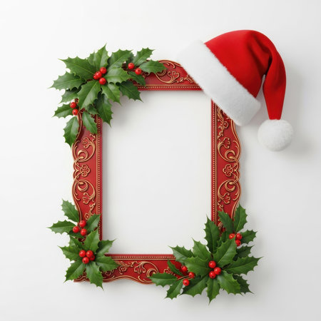 Christmas frame with holly leaves and Santa Claus hat on white backgroundの素材