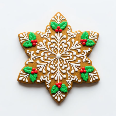 A close-up, top-down view of a star-shaped gingerbread cookie decorated like a snowflake. Intricate white royal icing forms delicate patterns across the cookie. Green holly leaves and bright red berries are strategically placed on the points of the snowflake. The cookie has a warm, golden-brown hue and is presented on a plain white background.の素材