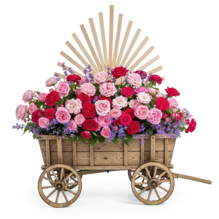 Roses showing wooden cart overflowing with roses and lavender. High resolution image suitable for commercial use. Clear details and vibrant colors enhance visual appeal.の素材
