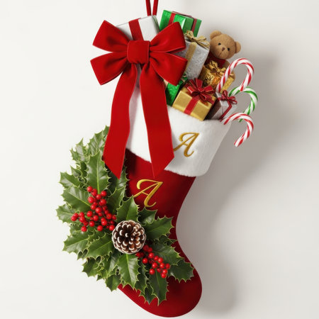 A red velvet Christmas stocking with white trim is filled with various gifts, including wrapped presents in gold, green, and silver, a small teddy bear, and striped candy canes. A large red velvet bow is attached to the top. The front of the stocking features a golden initial 'A'. The lower part is decorated with a cluster of holly leaves, red berries, and a pinecone. It hangs against a plain white background.の素材