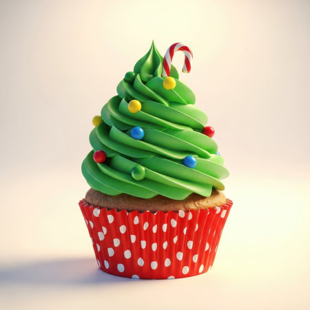 A single Christmas-themed cupcake is presented against a soft, neutral background. The cupcake features green frosting swirled into a cone shape resembling a Christmas tree, adorned with colorful round sprinkles and topped with a red and white striped candy cane. It is baked in a red paper liner with white polka dots.の素材
