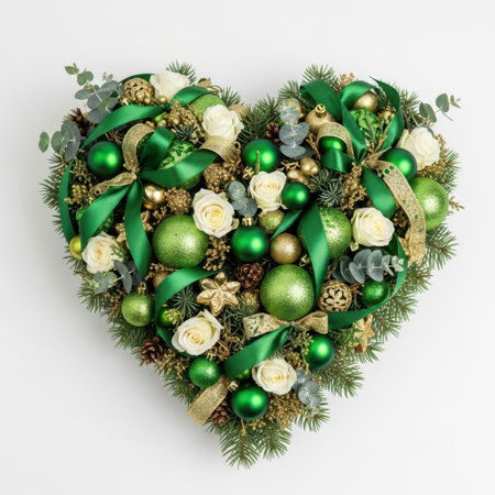 Heart-shaped showing heart-shaped christmas wreath with ornaments and roses. High resolution image suitable for commercial use. Clear details and vibrant colors enhance visual appeal.の素材