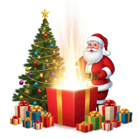 Santa Claus stands beside a decorated Christmas tree and a large, glowing red and gold gift box. The gift box emits bright, magical light and energy. The Christmas tree is adorned with colorful ornaments and lights. Santa is depicted in his traditional red suit with a white beard. The scene is set against a white background.の素材